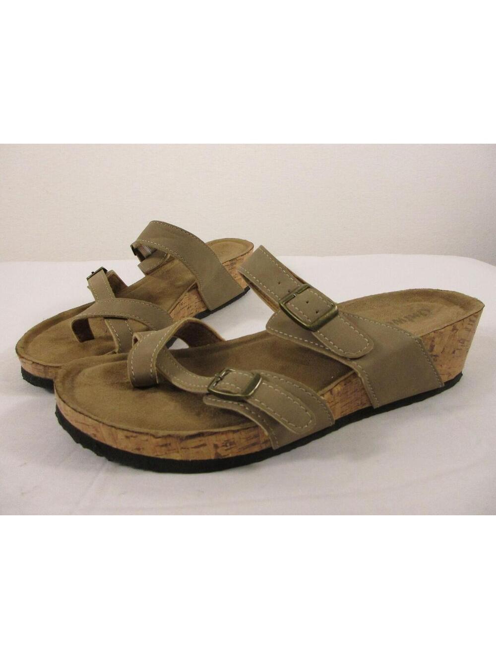 Outwoods Sandals Womens 9 Tan Cork Wedge Adjustable Buckle Platform Comfort